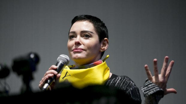 Actress Rose McGowan speaks during a workshop at the Women's Convention in Detroit, Michigan.