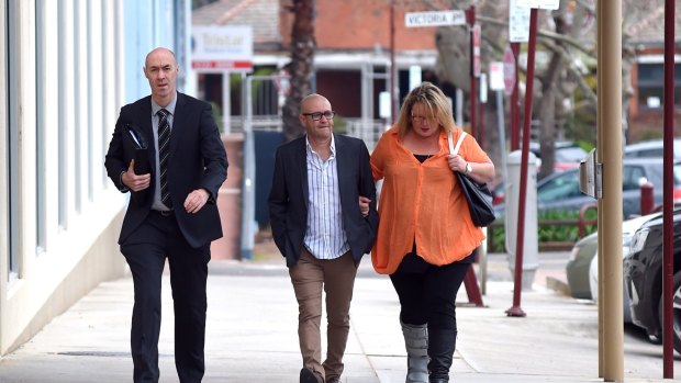 Tony Chetcuti (middle) leaving court in Wangaratta in September 2016 after Cardamone was charged. 