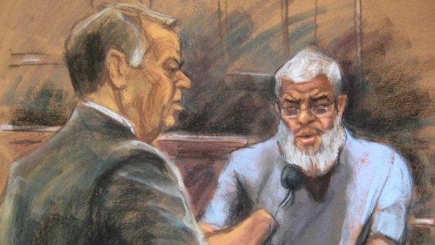 Engaged in jihad ... An artists impression of Abu Hamza al-Masri, the radical Islamist cleric convicted of US 11 terrorism-related charges, giving testimony in a federal court in Manhattan.