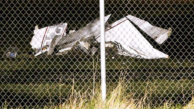 The wreckage of the fuselage of a Cessna 182 aircraft owned by Skydive Superio.