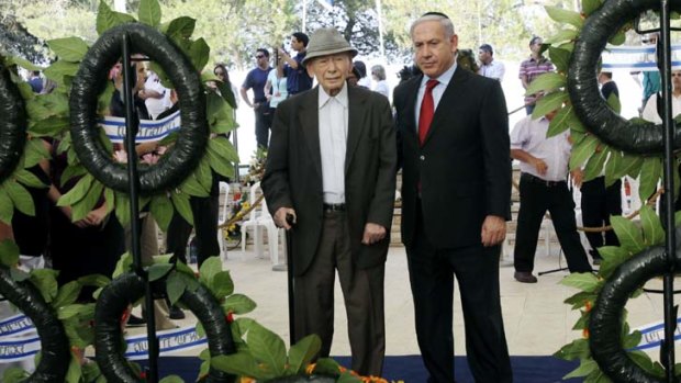 Father and son ... Benzion and Benjamin Netanyahu at the memorial service for the Zionist Ze’ev Jabotinsky.