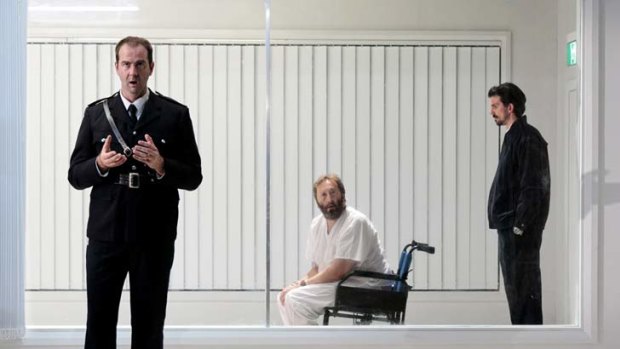 From left, Paul Goodwin-Groen, Anthony Hunt and Patrick George in Sydney Chamber Opera's production of the Philip Glass opera In the Penal Colonly. Photo by Louis Dillon Savage.