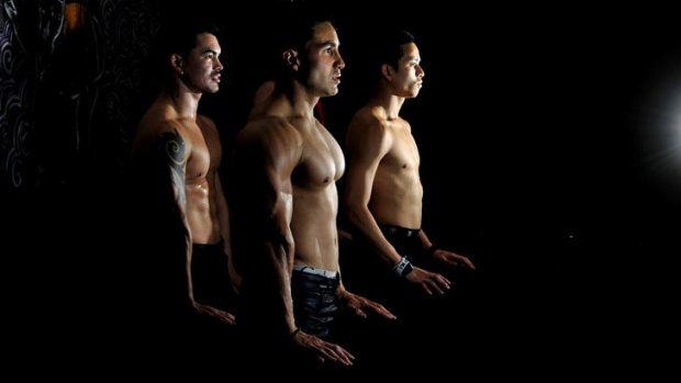 B-Boys, centre Billie Paea, 31 of Macquarie, back l-r Felipe Valenzuela, 27 of Higgins and Pauli Meath, 21 of Harrison will be performing a Magic Mike inspired shirtless breakdancing show at Digress, Civic, Canberra.