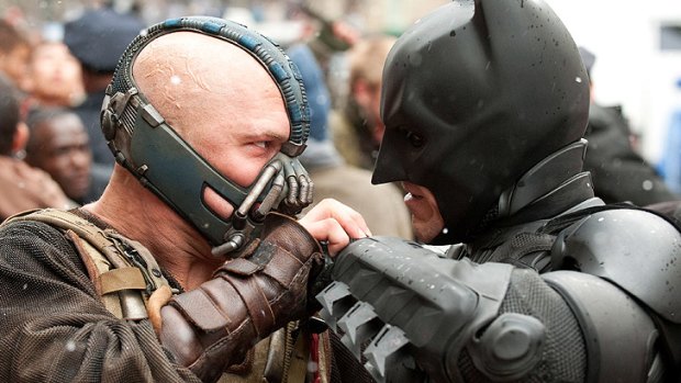 Ban (Tom Hardy) and Batman (Christian Bale) in a scene from the film.
