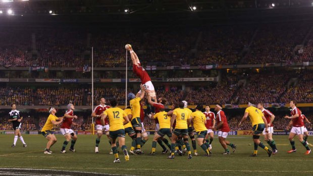 Lineout time:  Alun Wyn Jones of the Lions wins the lineout during game two of the series between the Wallabies and the British & Irish Lions at Etihad Stadium.