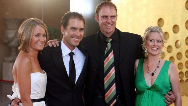 Justin Langer and Matthew Hayden with their wives Sue Langer and Kellie Hayden in 2007.