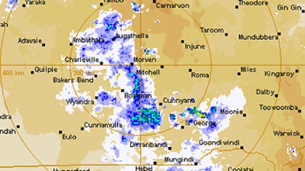 A radar image, taken from the Bureau of Meteorology at 8.15am, shows a storm developing over areas in Queensland's southwest, including St George.