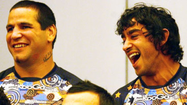 Brothers in arms...Indigenous All Stars Carl Webb and Johnathan Thurston.