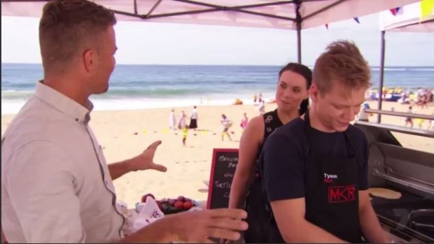 Temperature gauge: MKR judge Pete Evans takes a quick tour of the kitchens set up on Newport Beach in Sydney.