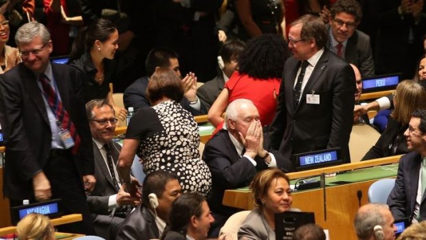 Winner: Jim McLay, New Zealand's UN representative, reacts to the news. 