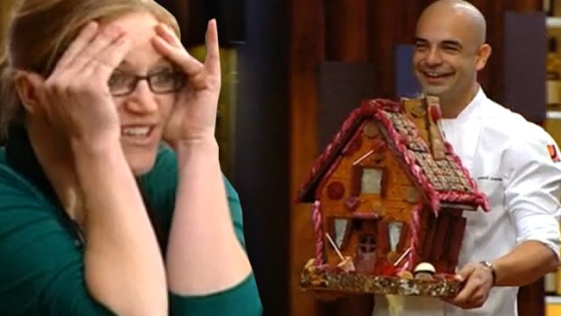 House from hell ... Kate reacts to Adriano Zumbo's gingerbread house dessert challenge.