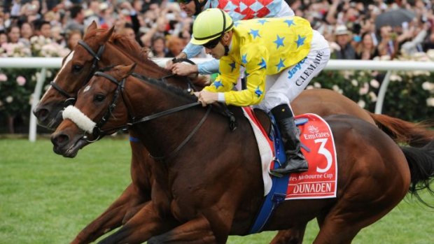 French jockey Christophe Lemaire (in yellow) aboard Dunaden defeats Red Cadeaux (Michael Rodd up) to win the 2011 Melbourne Cup.