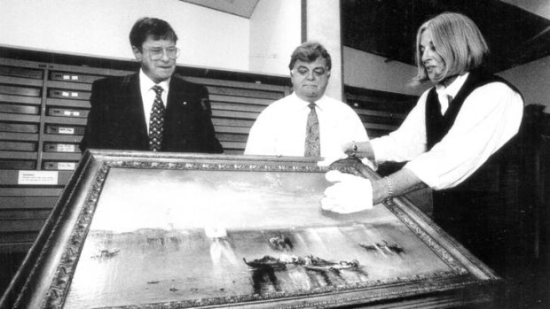 Then gallery chairman Kerry Stokes, left, his deputy Brian Johns and then director Betty Churcher examine Turner's <i> Campo Santo, Venice </i> in 1996.