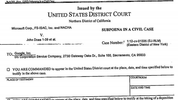 Page 1 of a subpoena Microsoft sent to Google.