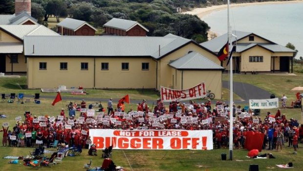 Protesters gather at the Point Nepean Quarantine Station on Sunday.