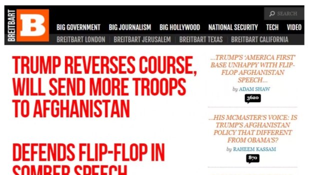 Breitbart's homepage with five headlines incredibly critical of Donald Trump.