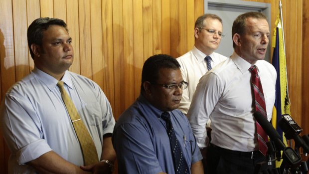 Outgoing Nauru foreign minister Keiren Keke and president Marcus Stephen photographed with shadow immigration minister Scott Morrison and Opposition Leader Tony Abbott in June.