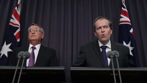 Treasurer Wayne Swan and Minister for Financial Services and Superannuation Bill Shorten address the media on April 5.
