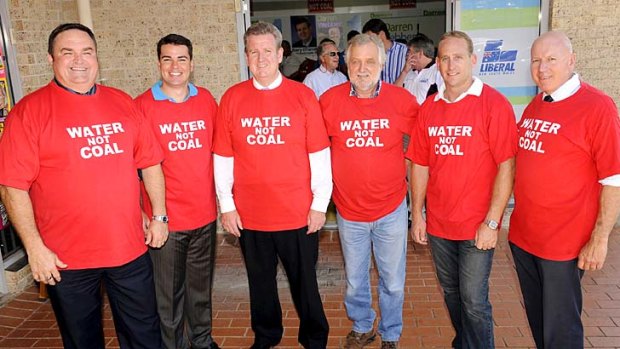 Just say no: MPs Chris Holstein, Darren Webber, Chris Spence and Chris Hartcher with then opposition leader Barry O'Farrell and Alan Hayes of Australian Coal Alliance protesting against the Wallarah 2 coal mine in 2009.