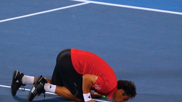 Open affair &#8230; Marcos Baghdatis celebrates beating Juan Martin Del Potro.