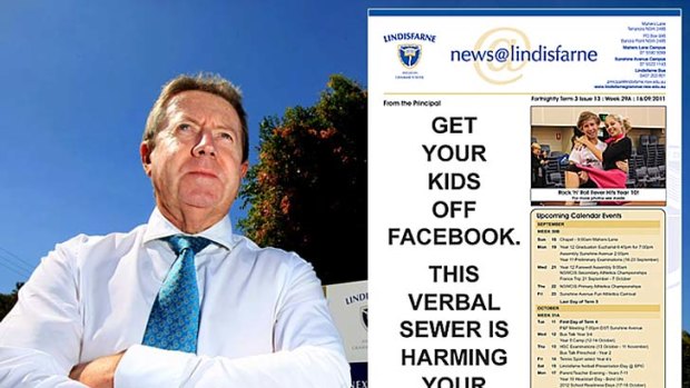Lindisfarne principal Chris Duncan and the school newsletter bearing his stark warning about Facebook. <a href="http://www.mydailynews.com.au/story/2011/09/22/get-kids-off-facebook"><b>Photo: John Gass/Daily News</a></b>