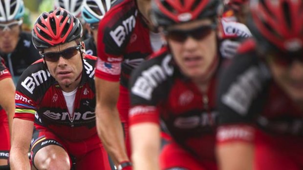 Power-packed &#8230; Cadel Evans, who covered every Andy Schleck attack, rides with BMC teammates in the tour's 15th stage.