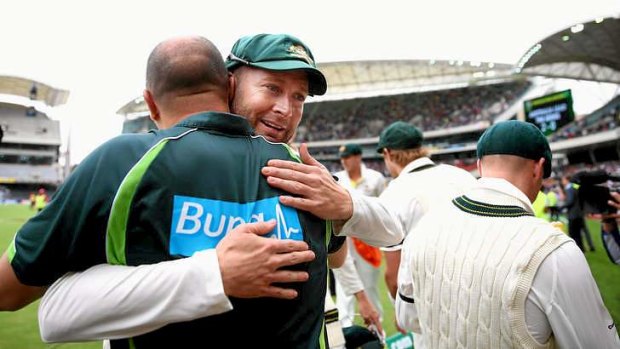 Captain knocked: Michael Clarke celebrates victory over England at the Adelaide Oval.