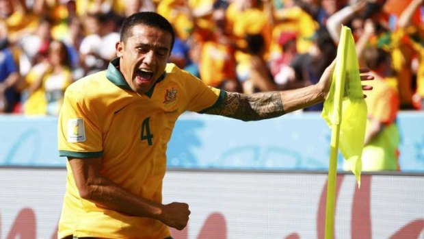 Cup gone? Tim Cahill celebrates after scoring against the Netherlands during the 2014 World Cup in Brazil.