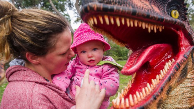 Grace Nott and Iris Gray 1 on the Dinosaur trail at the Australian Nation Botanic Gardens. Photo: Dion Georgopoulos
