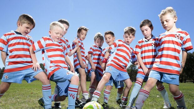 Woden Valley FC U8 team the Rooneys, from left, Reece Harrigan 7, Lucas Carey 7, Hendrix Stanier 8, Ziggy Kewetin- Smith 7, Michael Smith 7, Marc Papandrea 6, Isaac Palywoda 7, Max Mcardle 7 and Jack Davidson 7.  Soccer has had an increase of more than 1000 kids this season with Woden Valley FC having the biggest increase.  