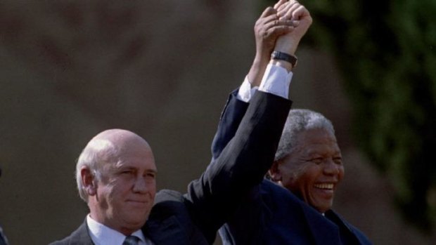 Tension: Nelson Mandela and F.W. de Klerk after Mandela's inauguration as president on May 10, 1994.