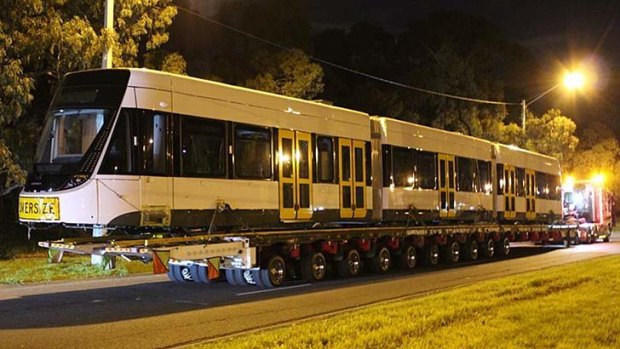 Better late than never: the first of Melbourne's new E-Class tram arrives in town.