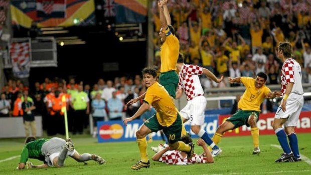 Harry Kewell starts to celebrate after scoring the equaliser against Croatia in 2006.