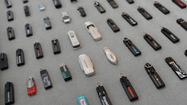 This photo shows various thumb drives displayed at the office of Trek 2000 International in Singapore.