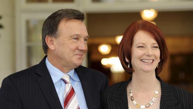 New leader of the Labor party and Prime Minister of Australia Julia Gillard with partner Tim Mathieson at Government House.
