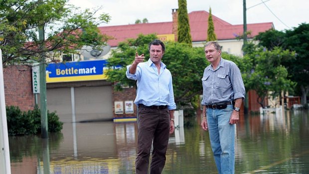 Former opposition leader John-Paul Langbroek with Howard Hobbs in Chinchilla the recent floods.