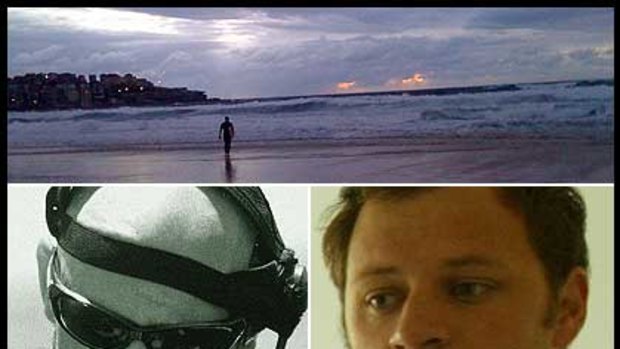 A lone surfer looks out at Bondi this morning after shark attacks on Paul de Gelder, left, and last night's victim Glenn Orgias, right and bottom.