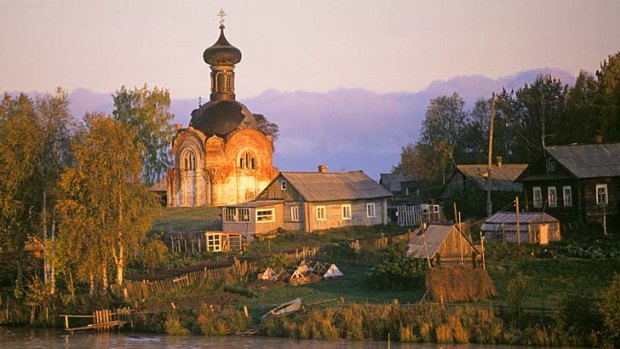 A church and dachas on the Volga.