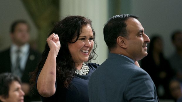 California lawmakers Lorena Gonzalez Fletcher,  Ash Kalra celebrate the "sanctuary state" bill being approved.