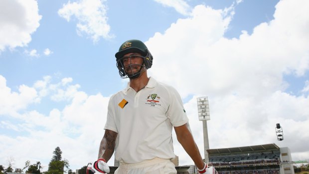 Mitchell Johnson leaves the field after being dismissed in the Perth Test on Tuesday.