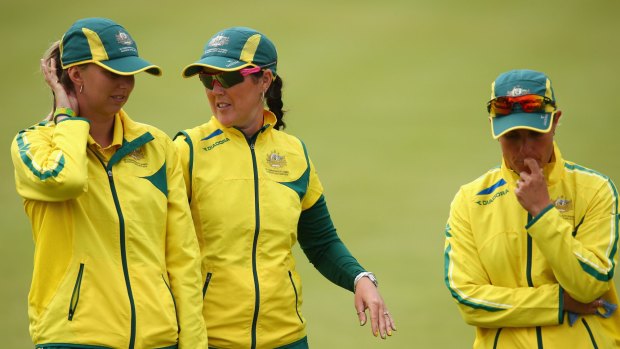 Tough task: Kelsey Cottrell, Lynsey Clarke and Karen Murphy of Australia look on during the women's triples final match.