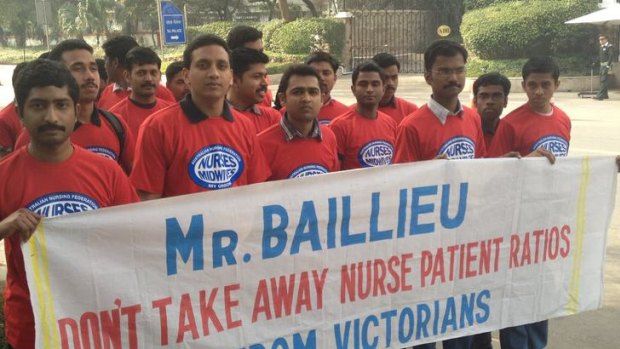 Solidarity: Nurses outside Mr Baillieu's Delhi hotel.