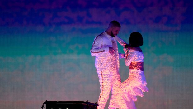 Rihanna and Drake perform on stage at the BRIT Awards 2016 at The O2 Arena on February 24, 2016 in London, England. 