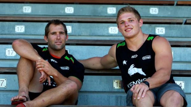 Who's the Big Poppa now? ... South Sydney forward Sam Burgess's younger brother George, right, with Ben Ross at Rabbitohs training yesterday.