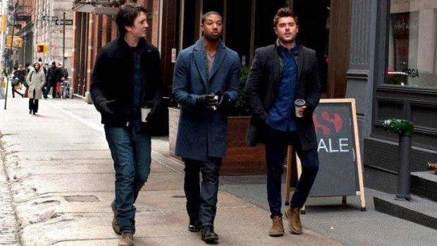 Miles Teller as Daniel; Michael B. Jordan as Mikey and Zac Efron as Jason in <i>Are We Officially Dating?</i>.
