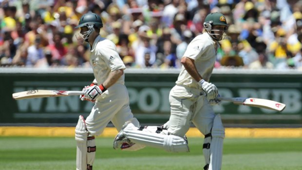 Simon Katich (left) and Shane Watson produced another strong start before a mix-up between the pair resulted in Watson being adjudged run-out. Both fell short of centuries on the opening day of the Boxing Day Test at the MCG.