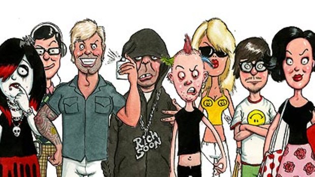 The tribes, from left: The Emo, The SuperGeek, The Jock Dolly, The Gangsta, The Punk Lite, The Glamazon, The Hipster, and The Techno Boho.