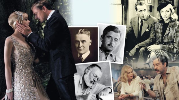 Writers F. Scott Fitzgerald, William Faulkner, and Ernest Hemingway and scenes from the movies that involved their lives, books or screenplays: <i>The Great Gatsby, The Big Sleep and Hemingway and Gelhorn</i>.