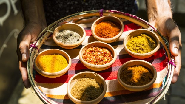 A diverse selection of colourful spices used in Sri Lankan cuisine, Galle, Sri Lanka.