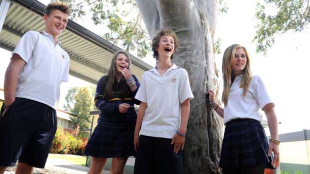 Hugh Morris-Dalton (left) prefers real world learning. Fellow Northcote High students Lucy Ruchel, Zach Eggleston and DJ Pointzmann (from left) like a laugh.